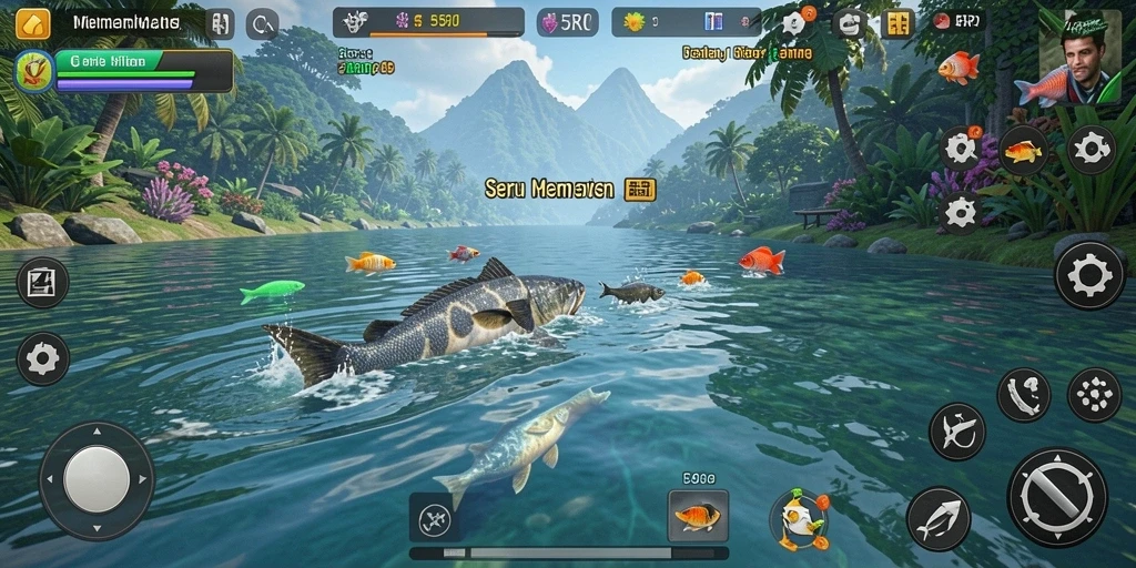Tampilan gameplay seru memancing di 55RP dengan aksi menangkap ikan.