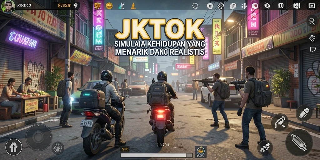 Screenshot gameplay JKTOK menampilkan karakter dalam berbagai aktivitas sehari-hari.